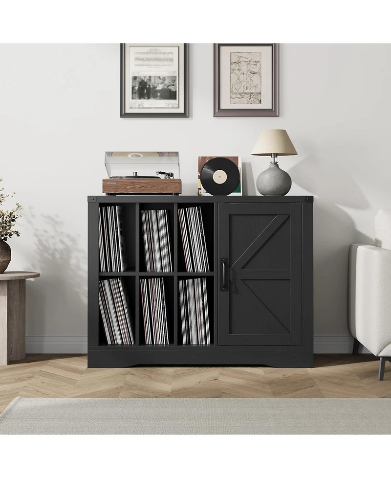 gaomon Farmhouse Record Player Stand with Barn Doors, Turntable Table with Display Shelves, Wooden Media Console & Lp Record Holder for Living Room