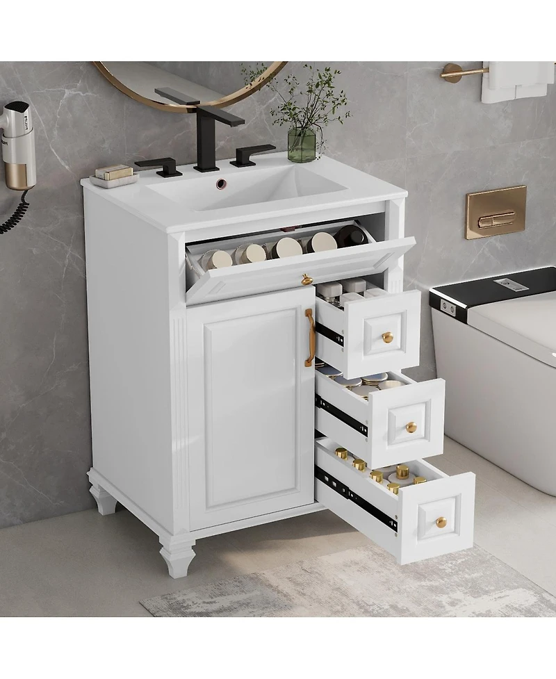 Sillysis Freestanding Bathroom Vanity with Ceramic Sink, Flip Drawer Storage and Adjustable Shelf for Small Spaces
