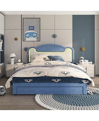 gaomon Full Size Upholstered Bed Frame with Led Lights, Fabric Headboard, Princess Platform Bed, Wood Slats, No Box Spring with Drawer