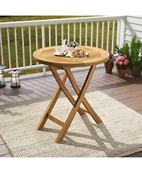 Gymax Patio Teak Wood Dining Table 27.5'' Round Side Table w/ Slatted Tabletop