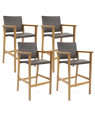 Gymax Patio Rattan Bar Stool Set of 4 Outdoor Pe Wicker Bar Chairs w/ Armrests & Sturdy Footrests