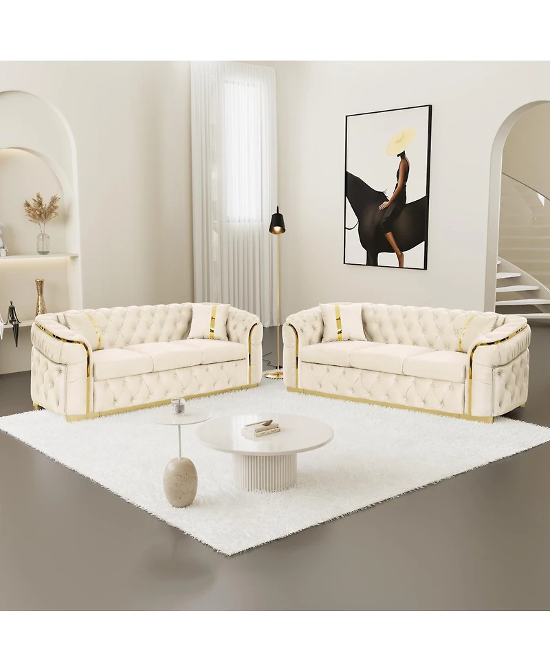 Streamdale Furniture 2PCS 90.6" Velvet Button Tufted Sofa Couch w/ 2 Pillows, 3 Seater Chesterfield Sofa Set