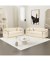 Streamdale Furniture 2PCS 90.6" Velvet Button Tufted Sofa Couch w/ 2 Pillows, 3 Seater Chesterfield Sofa Set