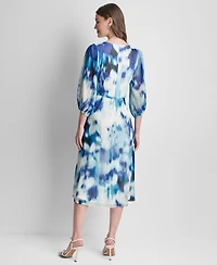 Dkny Women's 3/4-Balloon-Sleeve Surplice Neck Knot Front Midi Dress