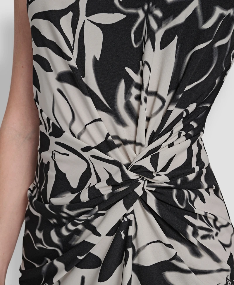 Dkny Women's Sleeveless Jewel Neck Side Knot Floral Midi Dress