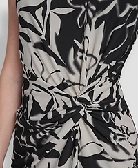 Dkny Women's Sleeveless Jewel Neck Side Knot Floral Midi Dress