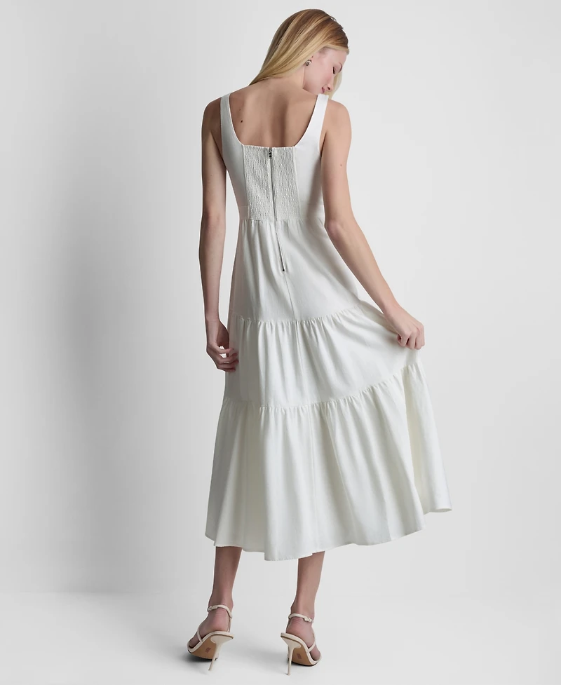 Dkny Women's Sleeveless Square Neck Tiered Linen Midi Dress