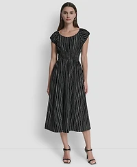 Dkny Women's Short Puff-Sleeve Striped Jewel Neck Midi Dress