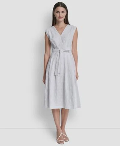 Dkny Womens Cap Sleeve V Neck Embroidered Midi Dress