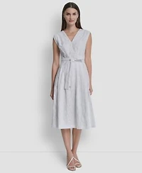 Dkny Womens Cap Sleeve V Neck Embroidered Midi Dress