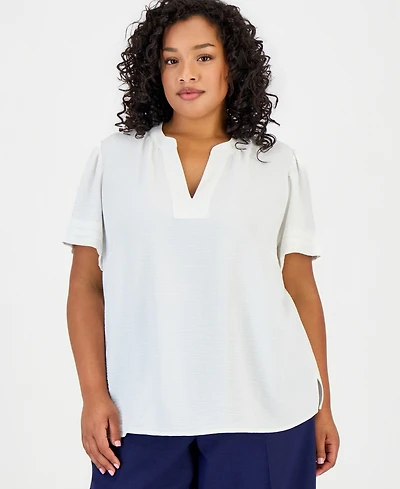 Jones New York Plus Split Neck Pleated-Cuff Top