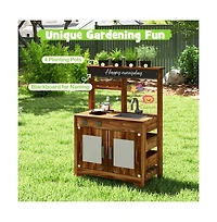 Hongge Mud Kitchen Fir Wood Play Kitchen with 4 Panting Pots Faucet Removable Sink