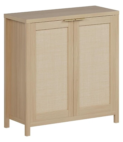 gaomon Freestanding Rattan 2-Door Storage Cabinet with 2 Adjustable Shelves, Natural Wood Accent Cabinet, Large Capacity Buffet Sideboard.