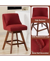 Rainsken Swivel Bar Stools Set of 2, Modern Upholstered Counter Height Chairs with Wooden Legs and Nailhead Trim for Kitchen Island