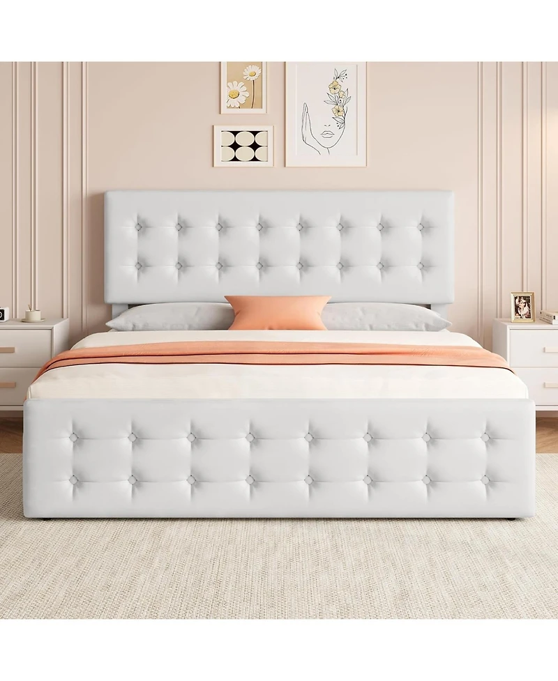 gaomon King Bed Frame With 4 Drawers Faux Leather Headboard Button Design Wood Slats No Box Spring