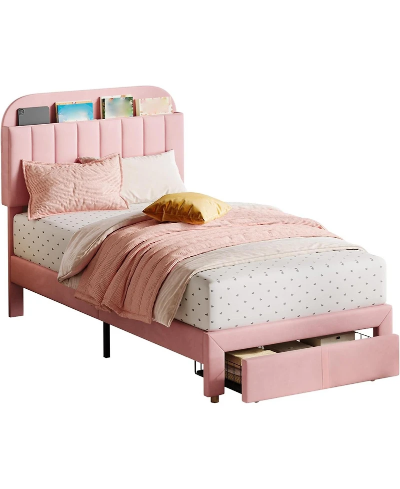 gaomon Twin Bed Frame Velvet Platform Bookcase Headboard Kids Girls Steel Legs Easy Build Noise Free