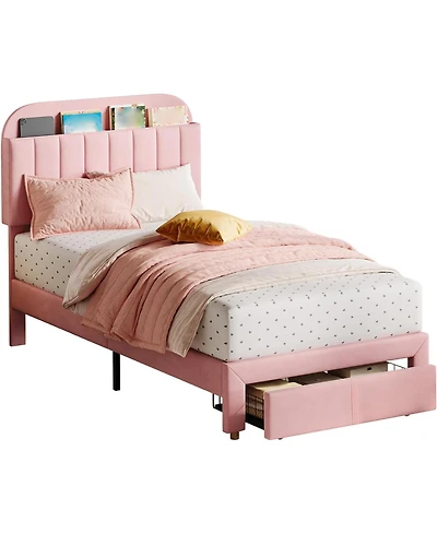 gaomon Twin Bed Frame Velvet Platform Bookcase Headboard Kids Girls Steel Legs Easy Build Noise Free