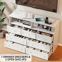 gaomon 7-Drawer Dresser with Led Lights & Charging Station, Wood Storage Chest with Open Compartments for Bedroom