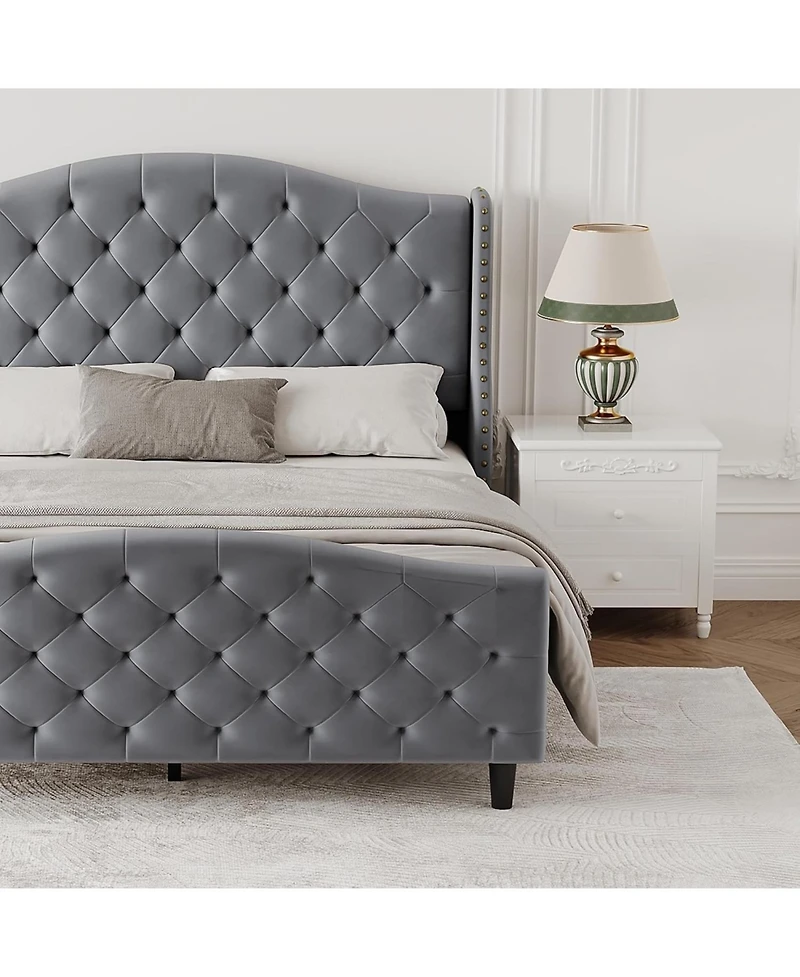 gaomon Queen Bed Frame with Upholstered Velvet Headboard, Tufted & Nailhead Trim, Wingback Design, Noise Free
