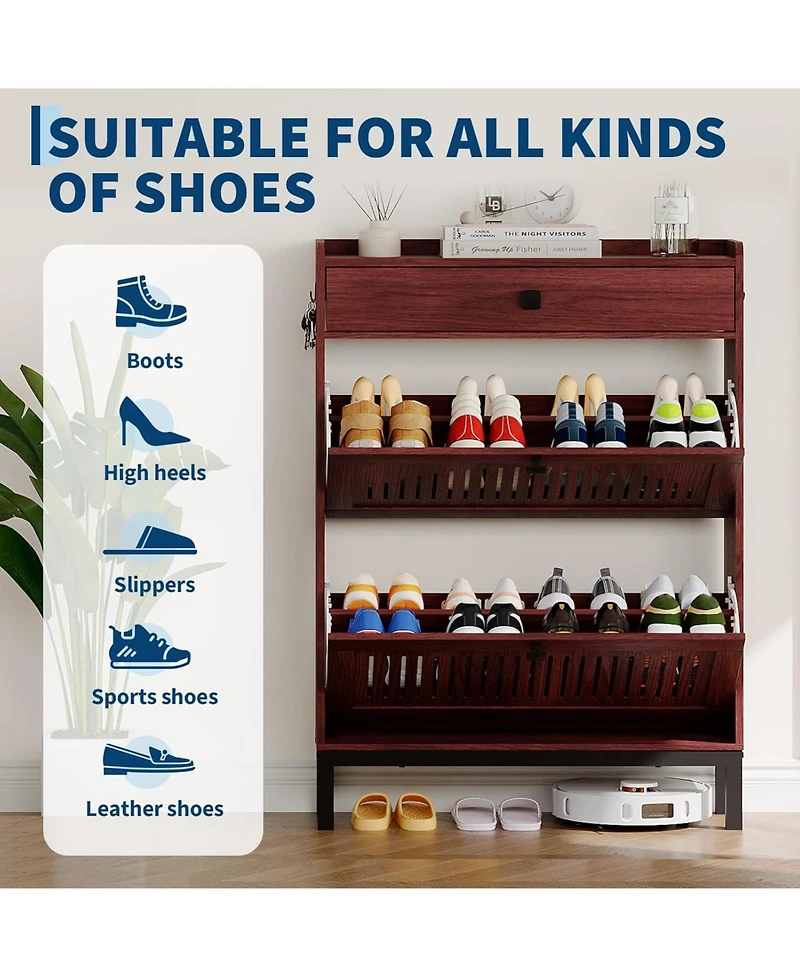 gaomon Shoe Storage Cabinet with 2 Flip Drawer, Shoes Organizer with with Top Drawer,Hollow Out Panel & Square Handles
