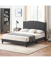 gaomon Queen Upholstered Platform Bed Frame Adjustable Wingback Headboard Heavy Duty Slats No Box Spring