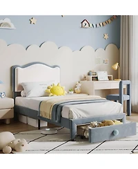gaomon Kids Platform Bed Upholstered Headboard Storage Drawer Noise Free Children Bed Frame Wood Slats No Box Spring Needed