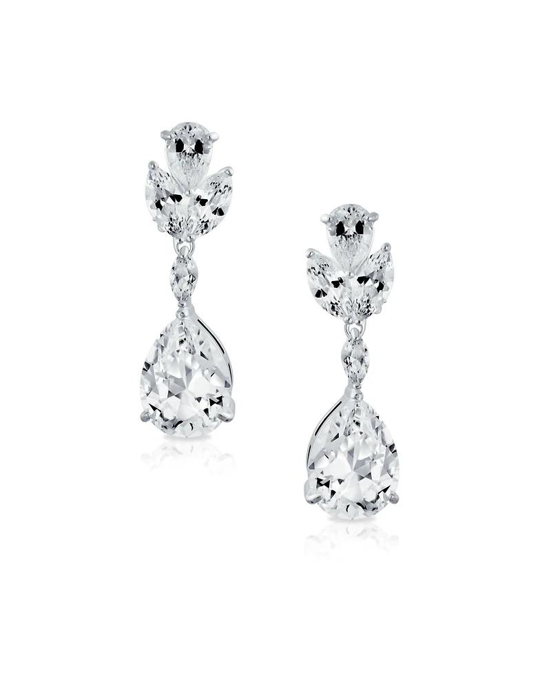 Bling Jewelry Classic Formal Leaf Motif Cz Cubic Zirconia Teardrop Dangle Clip-On Earrings Silver Plated