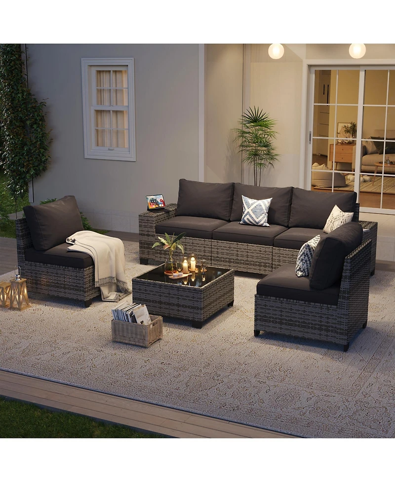 Aoxun 6-Piece Black Wicker Outdoor Sectional Sofa Set with Grey Cushions and Glass-Top Coffee Table