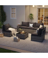Aoxun 6-Piece Black Wicker Outdoor Sectional Sofa Set with Grey Cushions and Glass-Top Coffee Table
