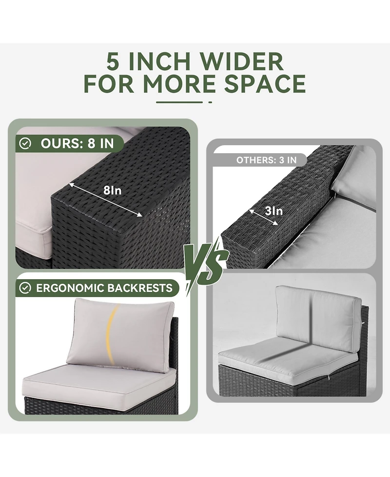 Aoxun 7-Piece Black Wicker Outdoor Sectional Sofa Set with Gray Cushions with 44" Propane Fire Pit Table