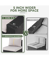 Aoxun 7-Piece Black Wicker Outdoor Sectional Sofa Set with Gray Cushions with 44" Propane Fire Pit Table