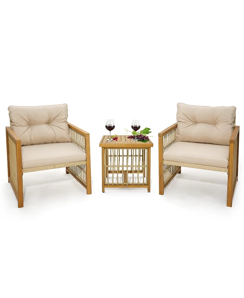 3PCS Patio Pe Wicker Conversation Set Acacia Wood Frame