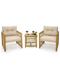 3PCS Patio Pe Wicker Conversation Set Acacia Wood Frame