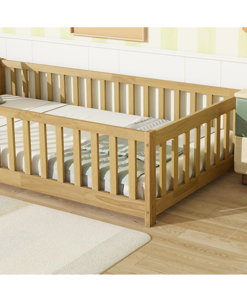 Streamdale Furniture Twin Size Floor Bed with Fence and Safety Guardrails