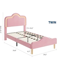 gaomon Twin Princess Platform Bed Frame with Rgb Led Lights Adjustable Velvet Headboard Wood Slat Support No Box Spring