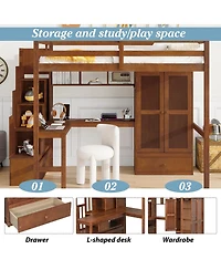 Streamdale Furniture Full Size Walnut Loft Bed with Desk, Shelves, Wardrobe & Stairs