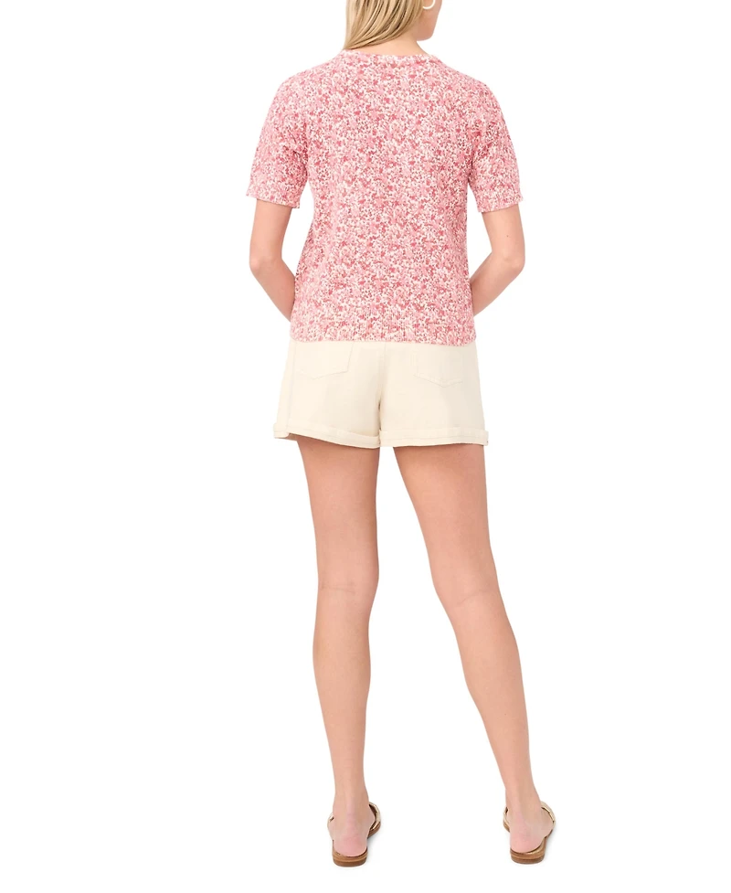 1.state Women's Floral Print Short-Sleeve Crewneck Sweater