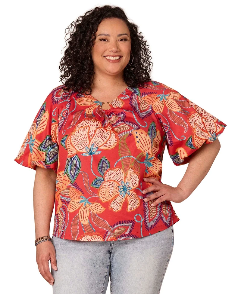 Democracy Plus Bubble Bell-Sleeve Printed Top