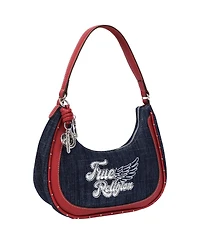 True Religion Wing Motif Denim Hobo Bag with Red Trim