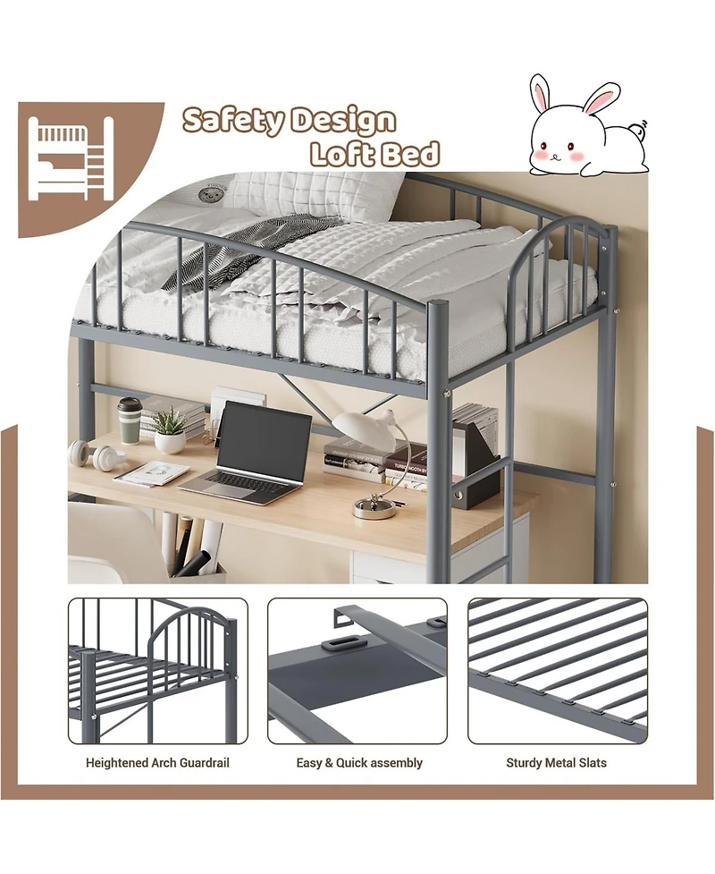 gaomon Space Saving Twin Metal Loft Bed Frame Modern Arched Guardrail Safety Ladder Steel Slats Matte