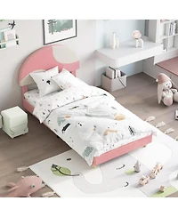 gaomon Modern Arch Boucle Twin Bed Frame Soft Pink and Beige Headboard Wooden Slats No Box Spring Cozy Bedroom