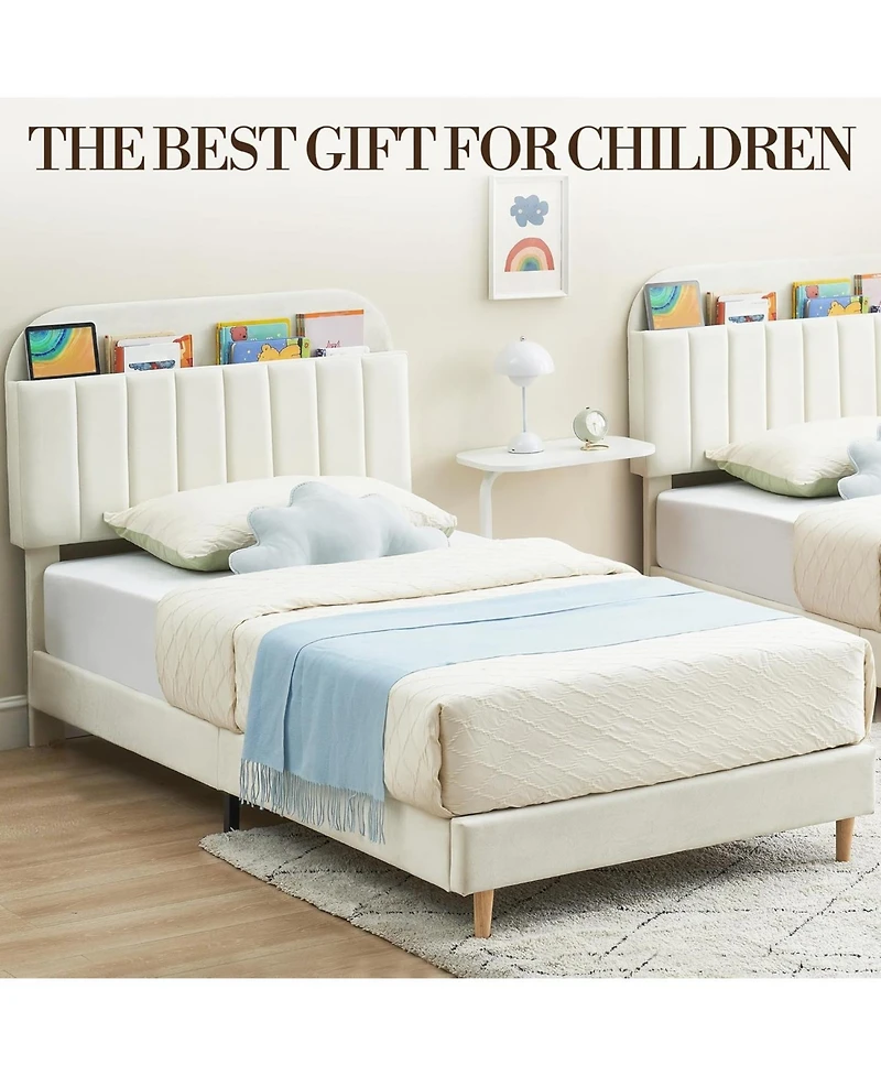 gaomon Twin Bed Frame With Bookcase Headboard Upholstered Platform Kids Bed Wooden Slats No Box Spring
