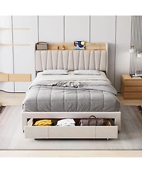gaomon Queen Bed Frame With Drawer Upholstered Storage Headboard Charging Platform Wood Slats No Box Spring