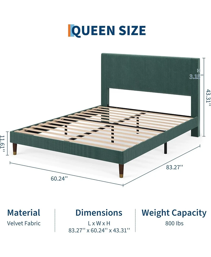 gaomon Queen Corduroy Upholstered Platform Bed Frame with Headboard Modern Low Profile Wood Slats Noise Free No Box Spring