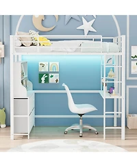 gaomon Loft Bed with Desk, 4 Large Fabric Drawers and 2 Storage Shelves, Heavy Duty Metal Led Lights & Charging Sation, Safety Guard