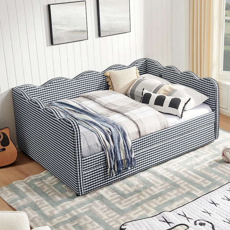 Streamdale Furniture Cozy Gingham Daybed with Twin Trundle, Usb Port, Linen Fabric