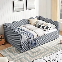 Streamdale Furniture Cozy Gingham Daybed with Twin Trundle, Usb Port, Linen Fabric