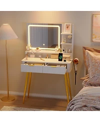 gaomon Mid-Century Modern Makeup Vanity Desk with Lighted Mirror, 2 Drawers and Cabinet