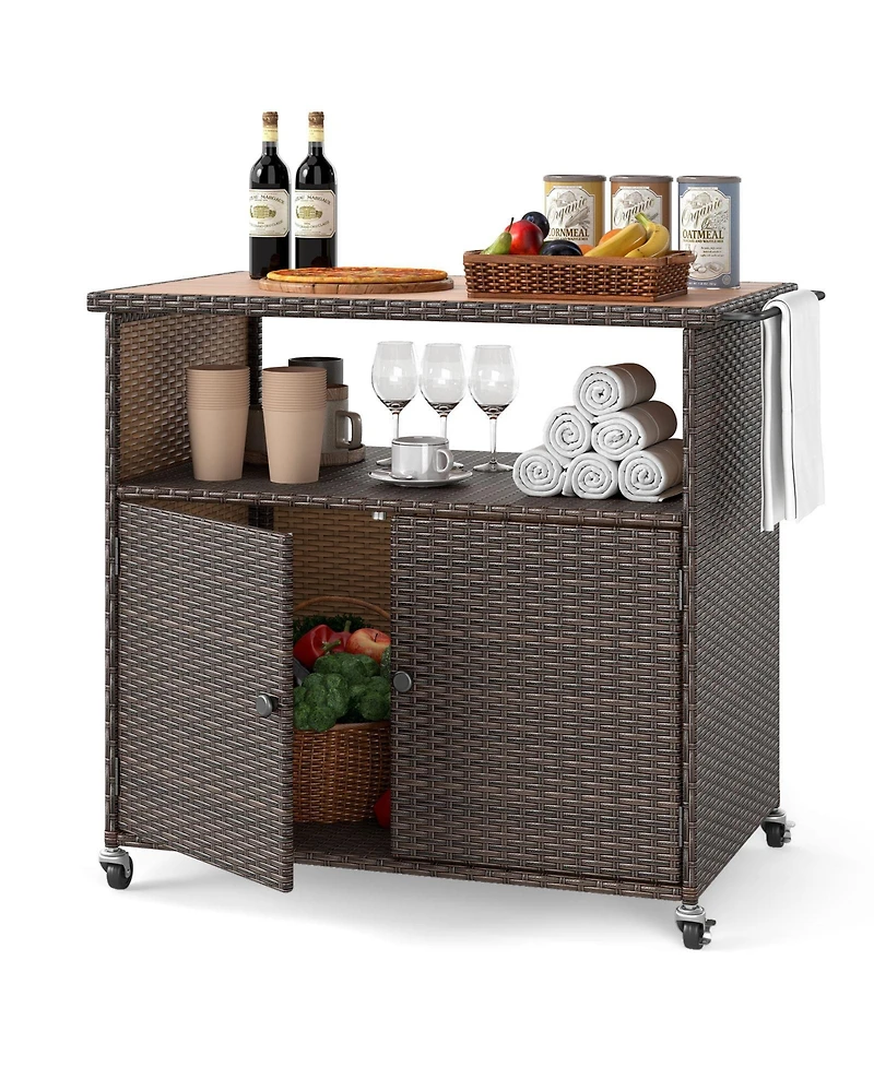 Sugift Outdoor Storage Cabinet with Acacia Wood Top and Lockable Wheels