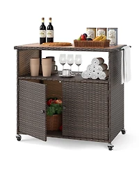 Sugift Outdoor Storage Cabinet with Acacia Wood Top and Lockable Wheels